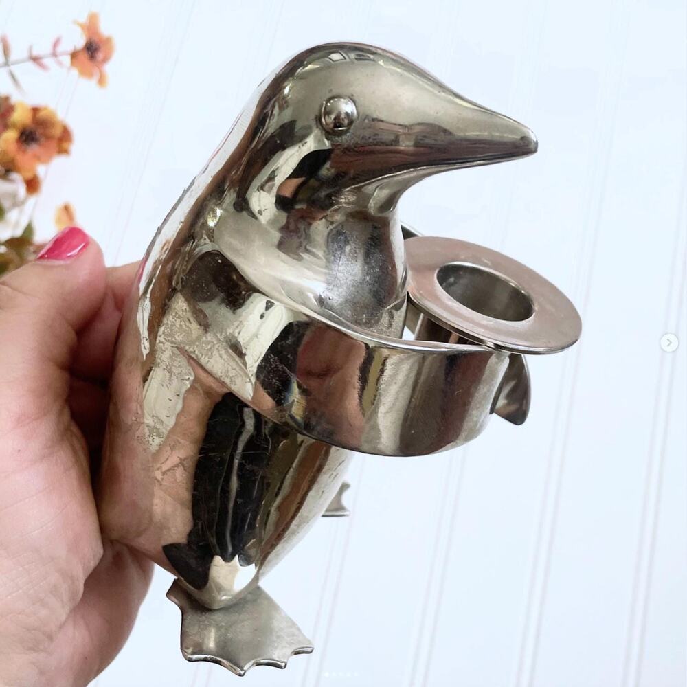 Vintage Restoration Silver Toned Metal Penguin Candleholder Candle Holder